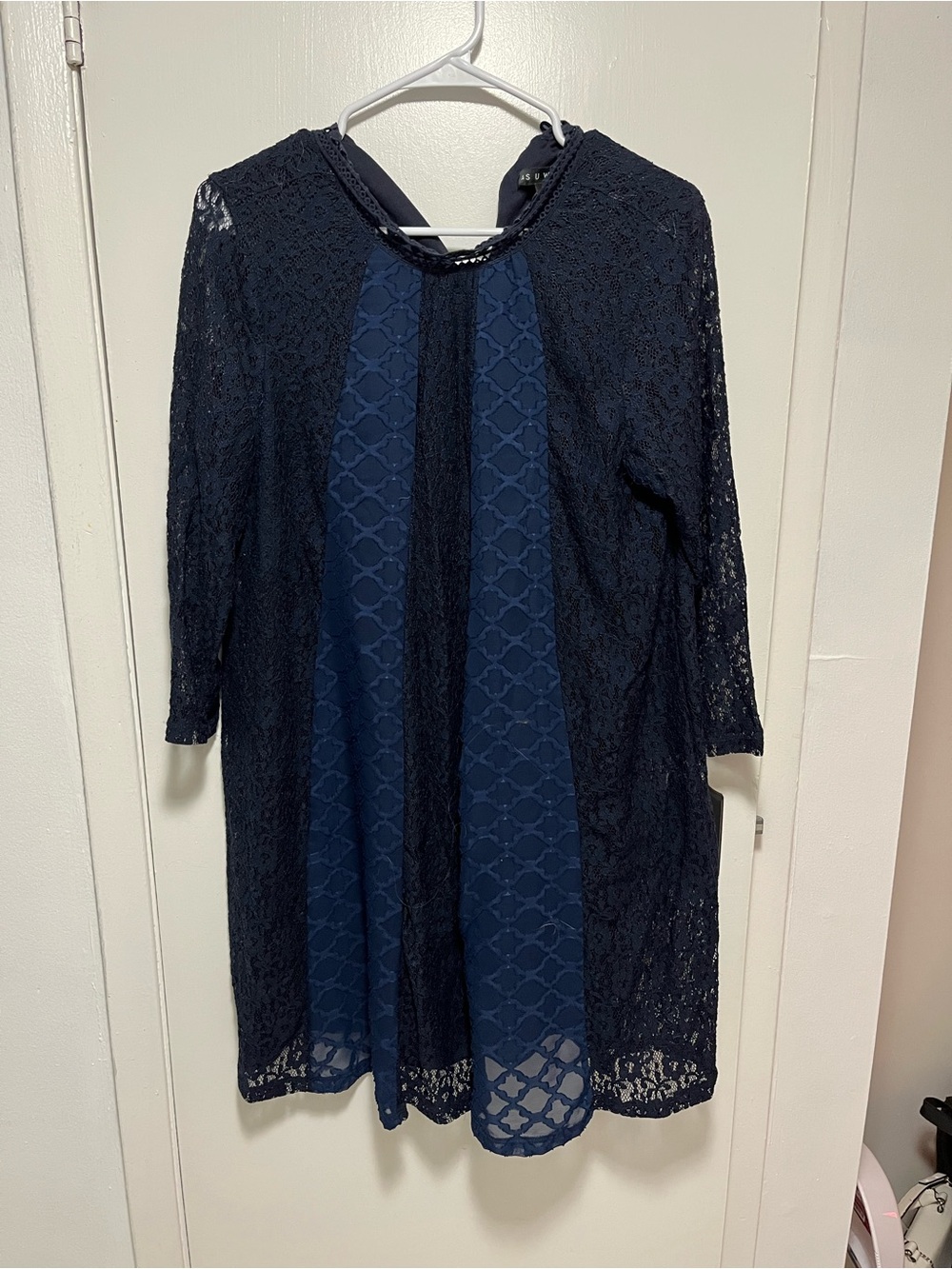 As U Wish Navy Lace Overlay Long Sleeve Dress Size Large